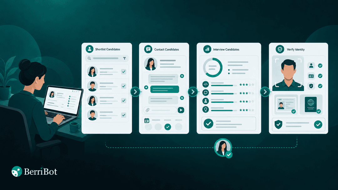 Illustration of Berri 360 moving a candidate from shortlist through outreach, interview and identity verification.