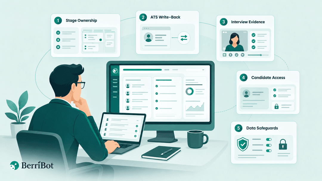 Illustration of an enterprise buyer evaluating Berri 360 against five recruiting software pilot checks.