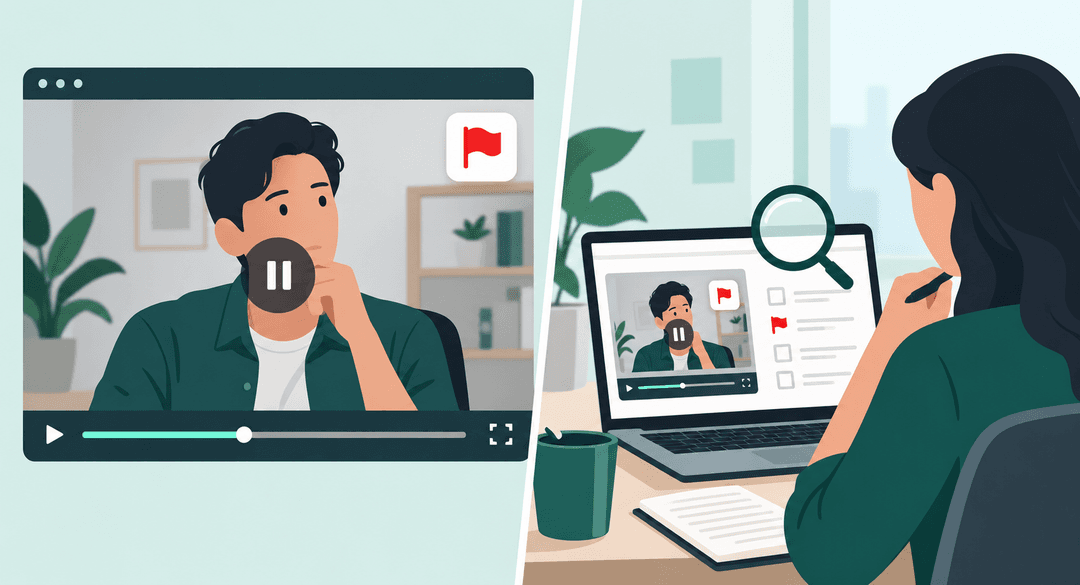 Illustration of a recorded interview flagged by a proctoring tool, with a recruiter reviewing the footage to confirm if it's real fraud.