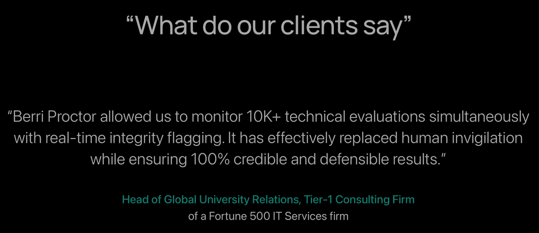Testimonial praising Berri Proctor's ability to monitor thousands of remote evaluations with real-time fraud flagging.