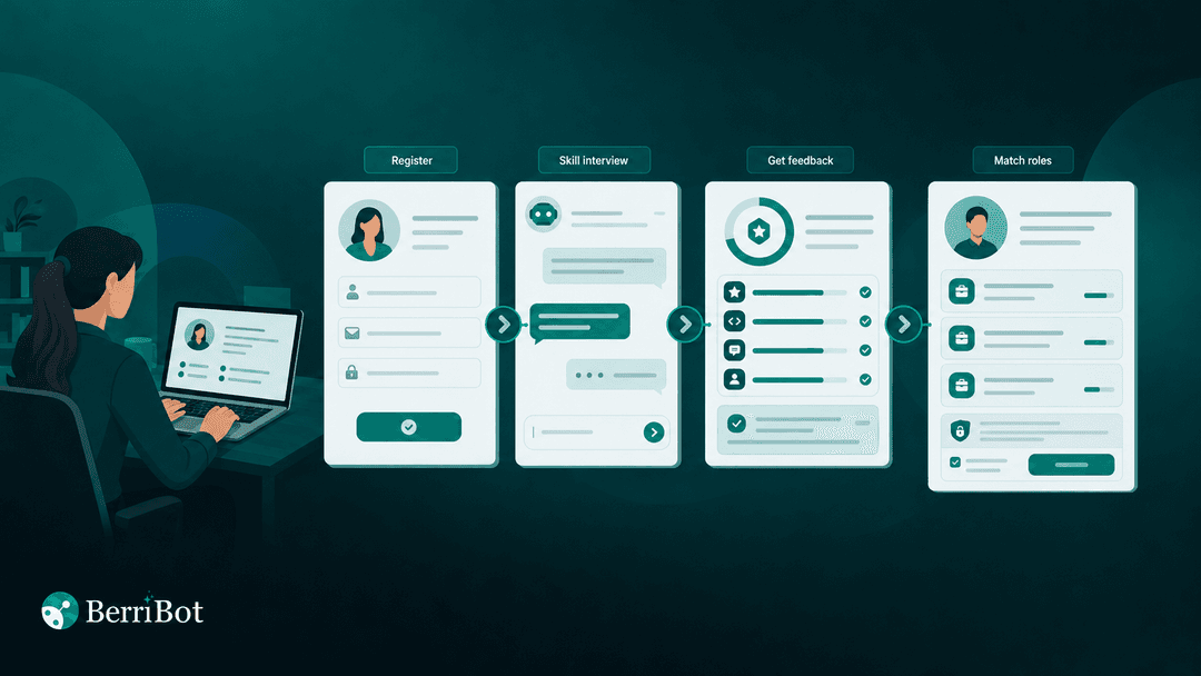 Illustration of a candidate registering, completing a skill interview, receiving feedback and being considered for matching roles