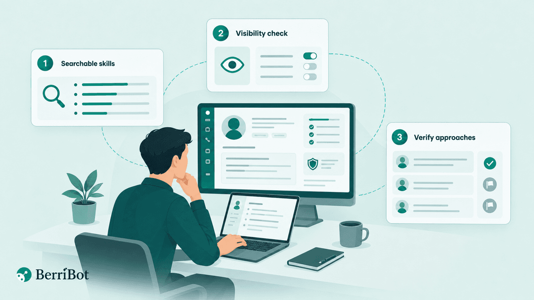 Illustration of a three-item checklist for searchable skills, profile visibility and verifying recruiter approaches