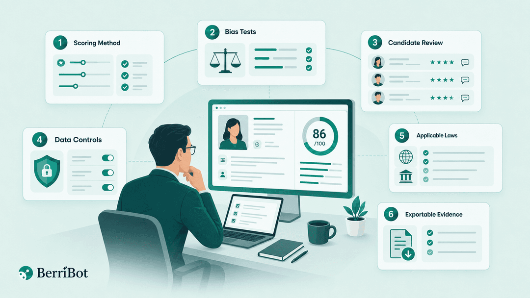 Illustration of an enterprise AI hiring fairness and audit evidence checklist.