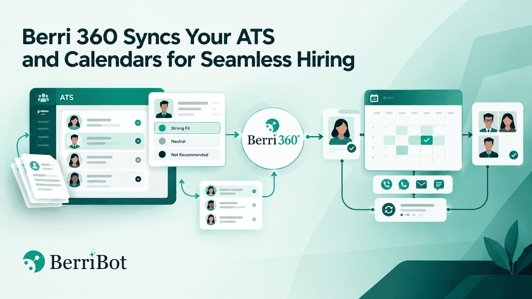 AI recruitment software Berri 360 syncing ATS resume screening with interview scheduling and calendars.