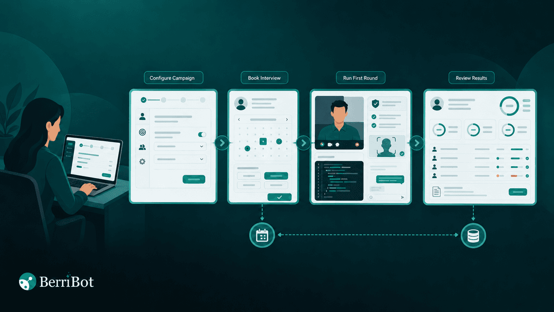 Illustration of Berri 360 moving a booked interview through evaluation to ATS review.