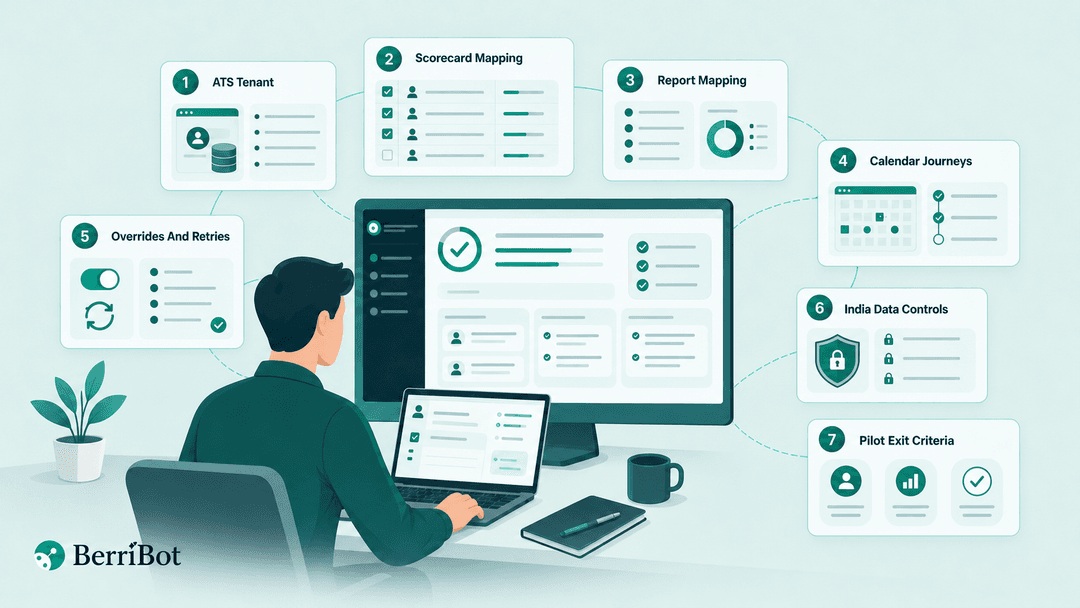 Illustration of a Recruitment Ops Lead checking Berri 360 ATS and calendar pilot results.
